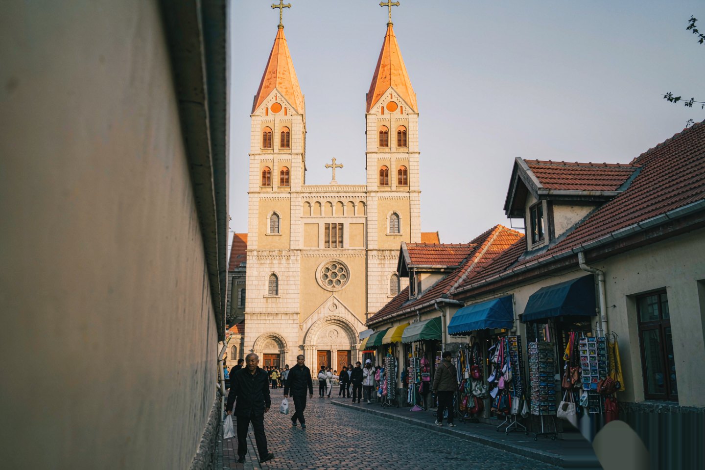 St Michael's Cathedral's twin spires above the cobbled street of the old town