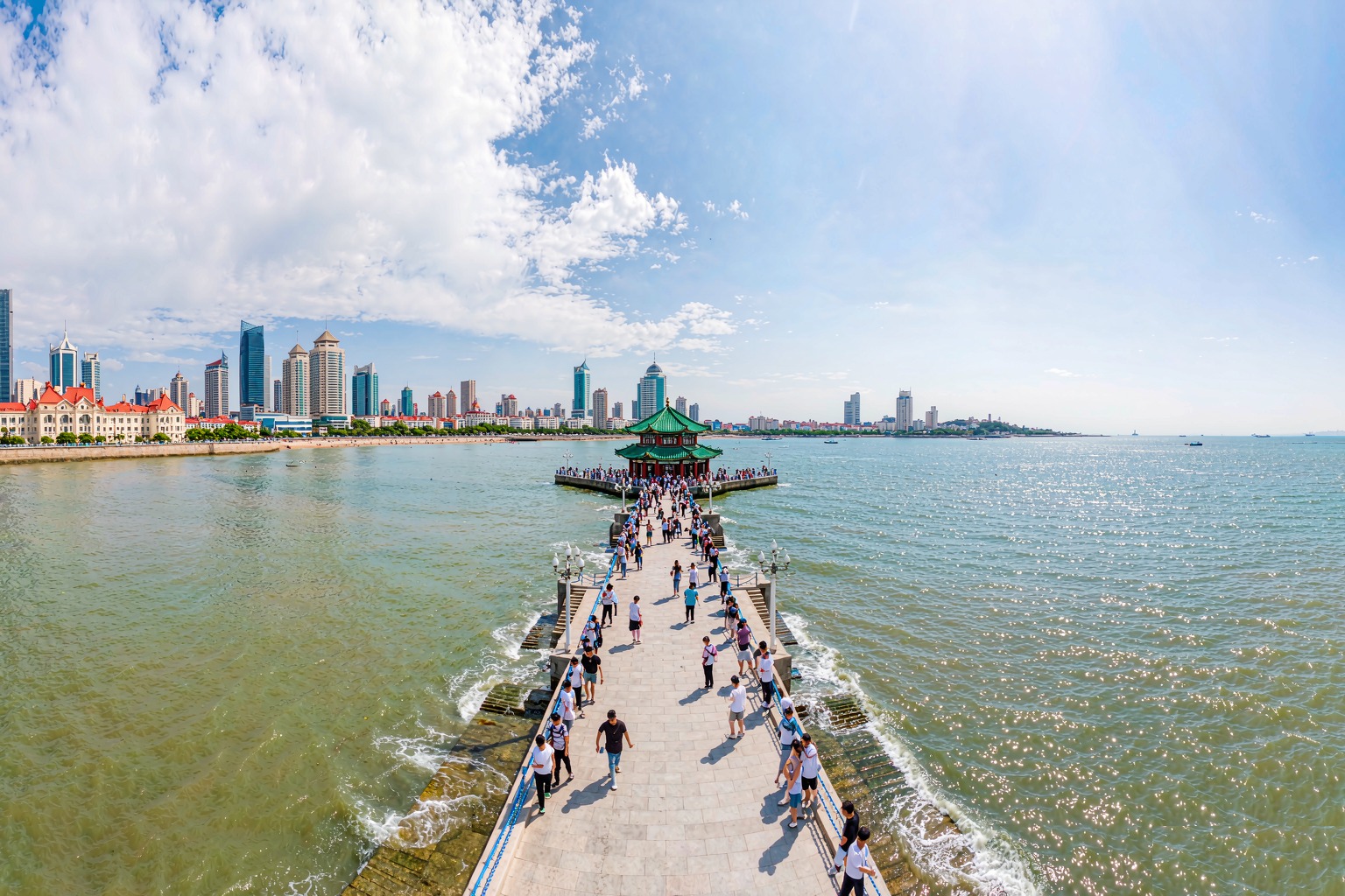 Zhanqiao Pier stretching into Qingdao Bay with the octagonal Huilan Pavilion at the end