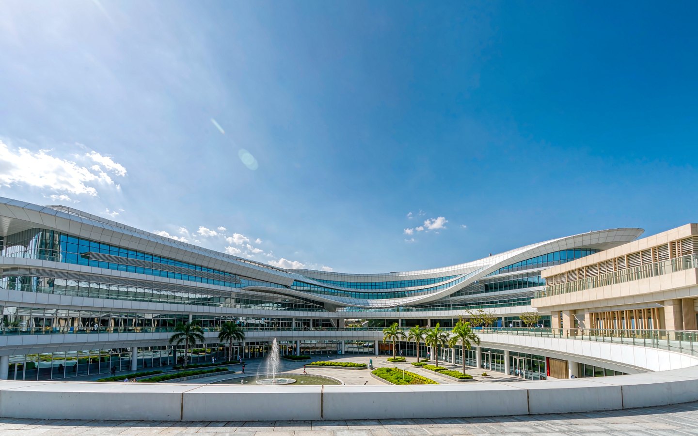 Vast curved glass atrium of a tropical duty-free mall with palm trees