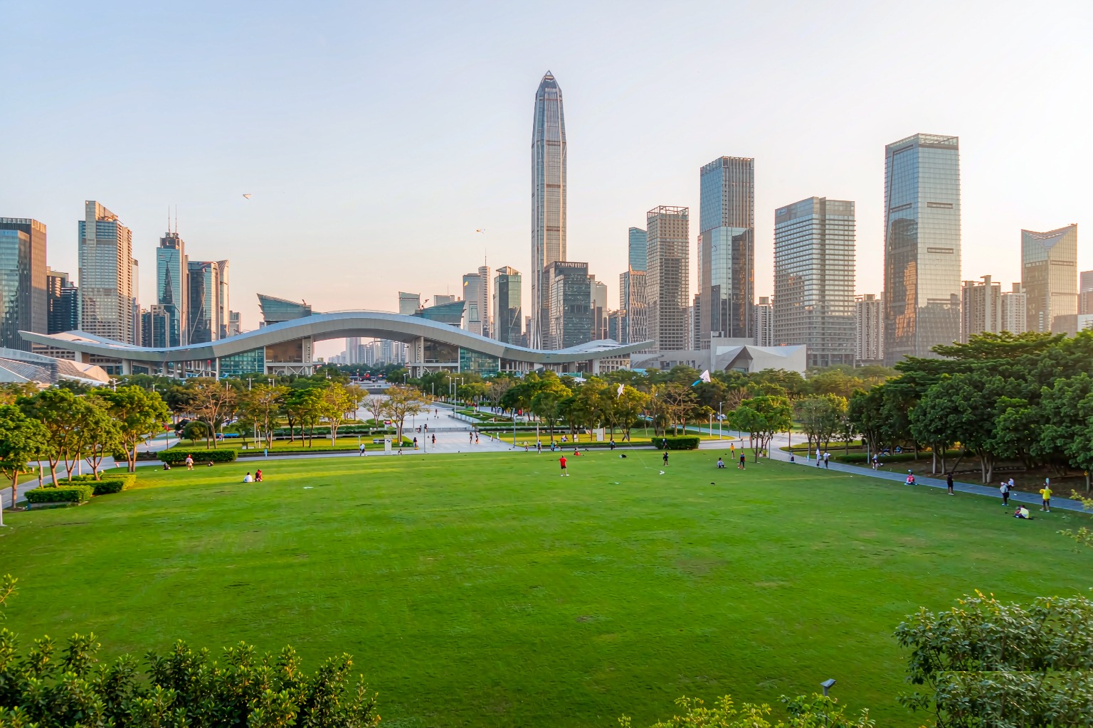 View from Lianhuashan Park across the lawn toward the Civic Center and the Ping An Finance Centre
