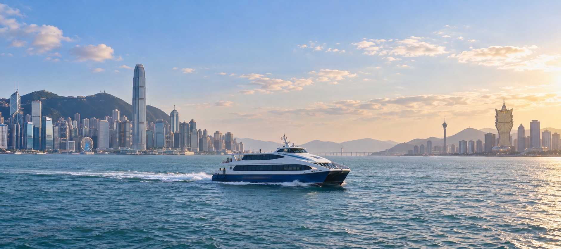 An editorial travel composite of a passenger ferry between the skylines of Hong Kong and Macau