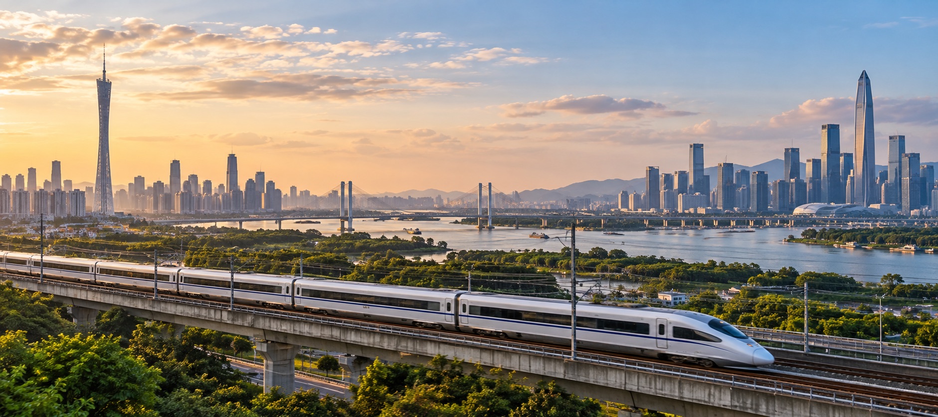 An editorial travel composite of a high-speed train between the Guangzhou and Shenzhen skylines