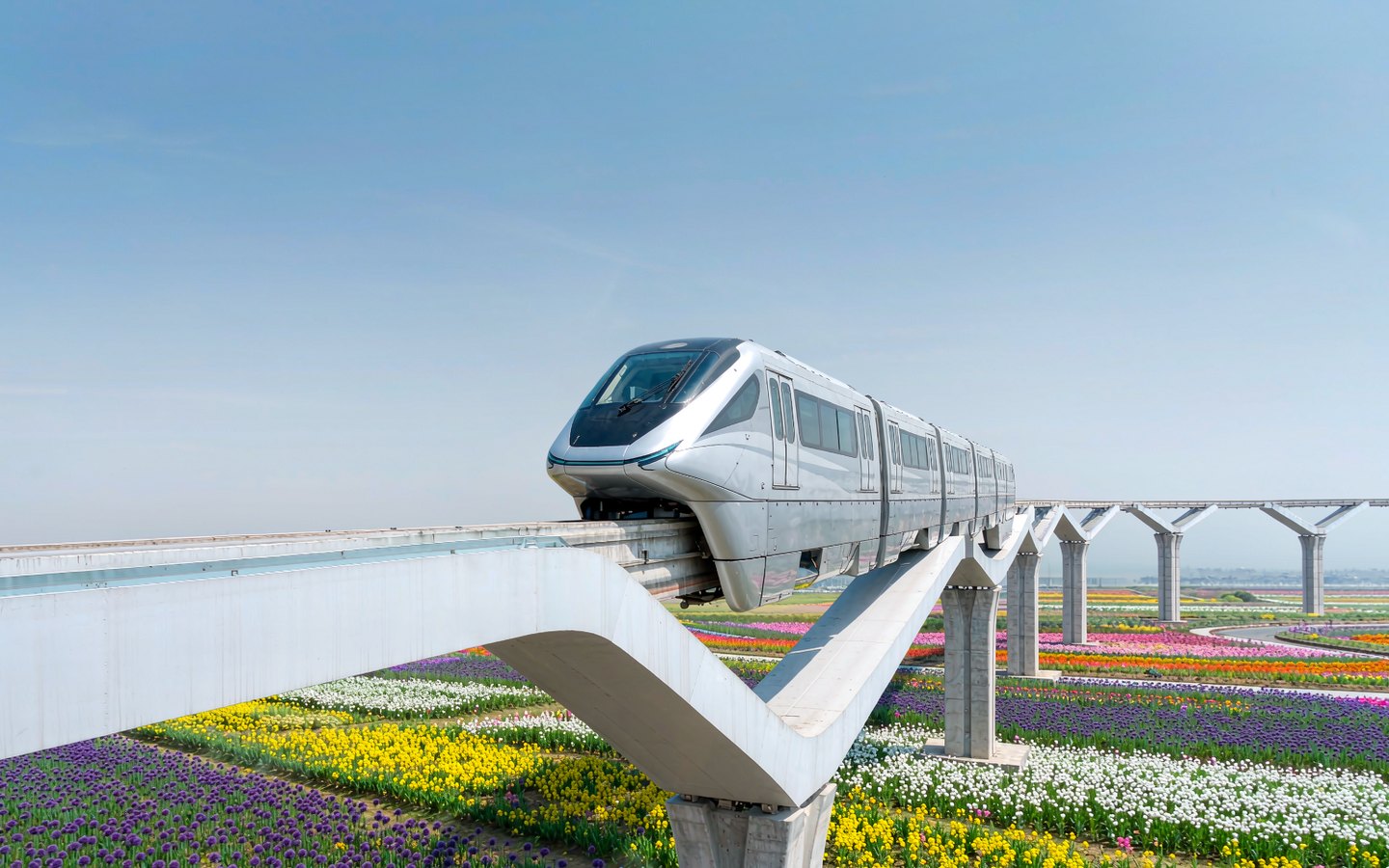 Suspended monorail train gliding above fields of flowers