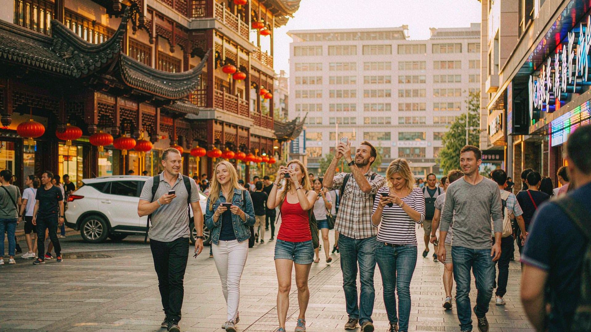 A group of Western tourists walking and taking photos along a lantern-lit street between traditional and modern buildings in a Chinese city at golden hour