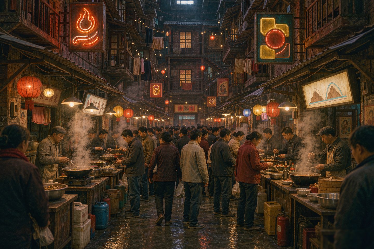 Steam baskets and bowls at a Changsha old-town night-market stall