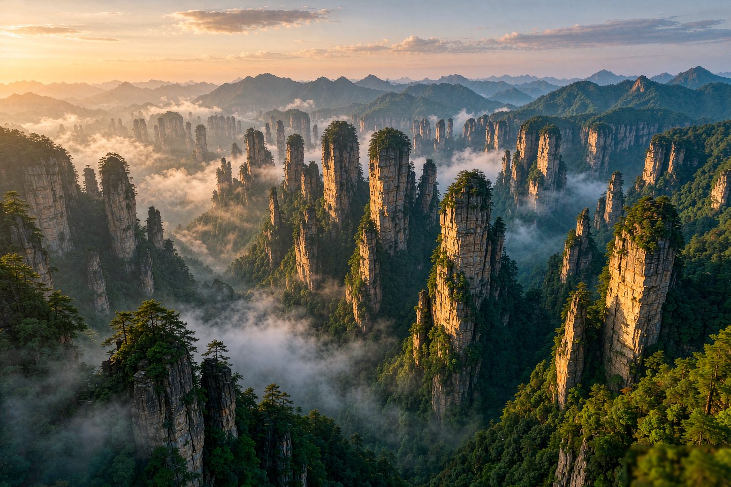 Quartz-sandstone pillars of the Zhangjiajie forest rising through the trees
