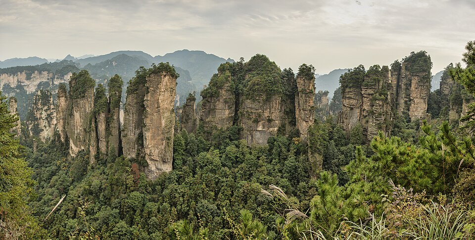 Sandstone pillars of Zhangjiajie rising out of the forest, Hunan